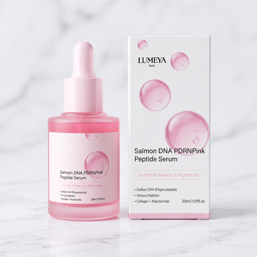 Sérum Peptide PDRN Pink Lumeya Paris – flacon et boîte Salmon DNA PDRNPink Peptide Serum sur marbre blanc