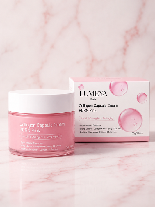 Crème Collagène PDRN Pink à capsules raffermissantes, pot de soin visage LUMEYA