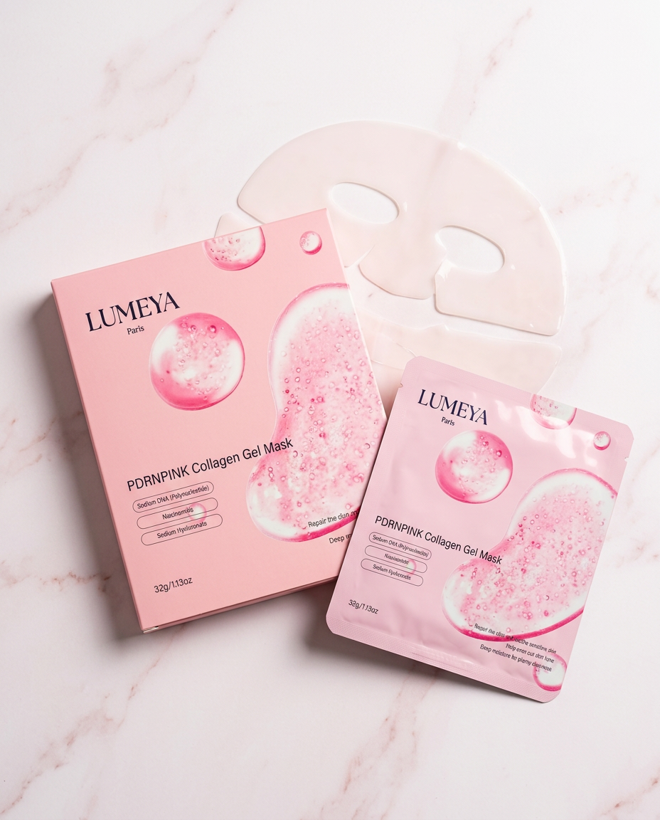 Masque tissu Collagène PDRN Pink au collagène et acide hyaluronique, soin visage repulpant LUMEYA