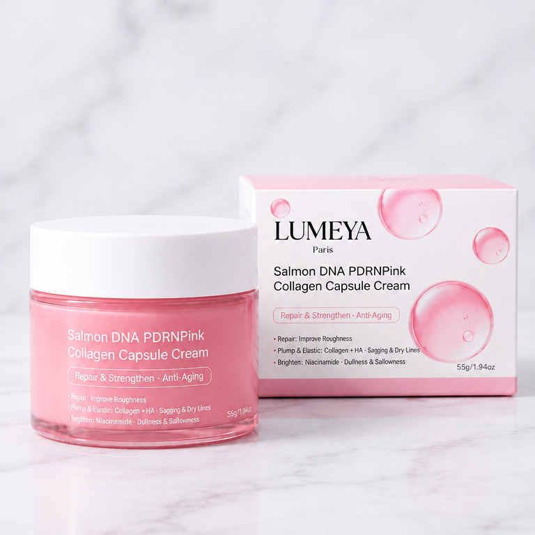 Crème Collagène PDRN Pink Lumeya Paris – pot et boîte Salmon DNA PDRNPink Collagen Capsule Cream sur marbre blanc