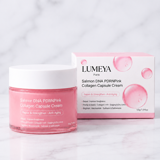 Crème Collagène PDRN Pink Lumeya Paris – pot et boîte Salmon DNA PDRNPink Collagen Capsule Cream sur marbre blanc