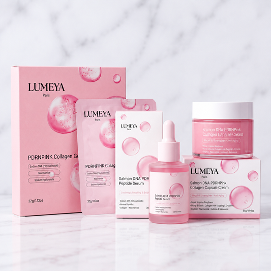 Pack Routine PDRN Pink Lumeya Paris – Masque, Sérum et Crème Salmon DNA PDRNPink sur marbre blanc