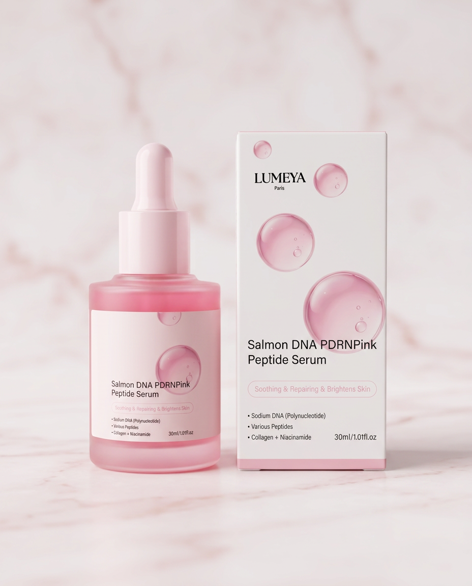 Sérum Peptide PDRN Pink anti-rides et éclat, flacon de soin visage LUMEYA