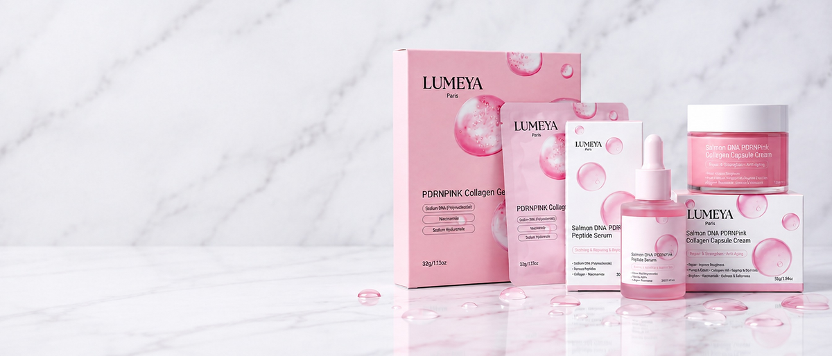 Rituel PDRN Lumeya Paris : masque, sérum et crème sur marbre blanc